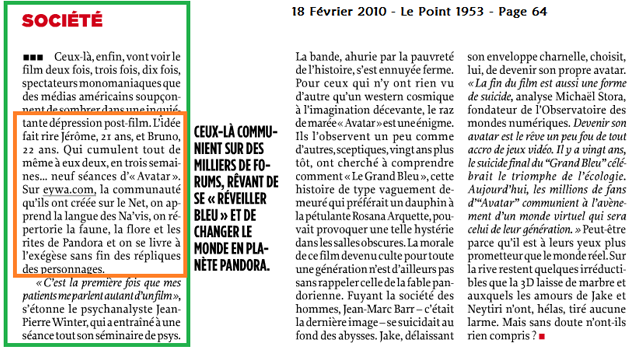 Article de Communaute-Avatar.fr dans le journal Le Point